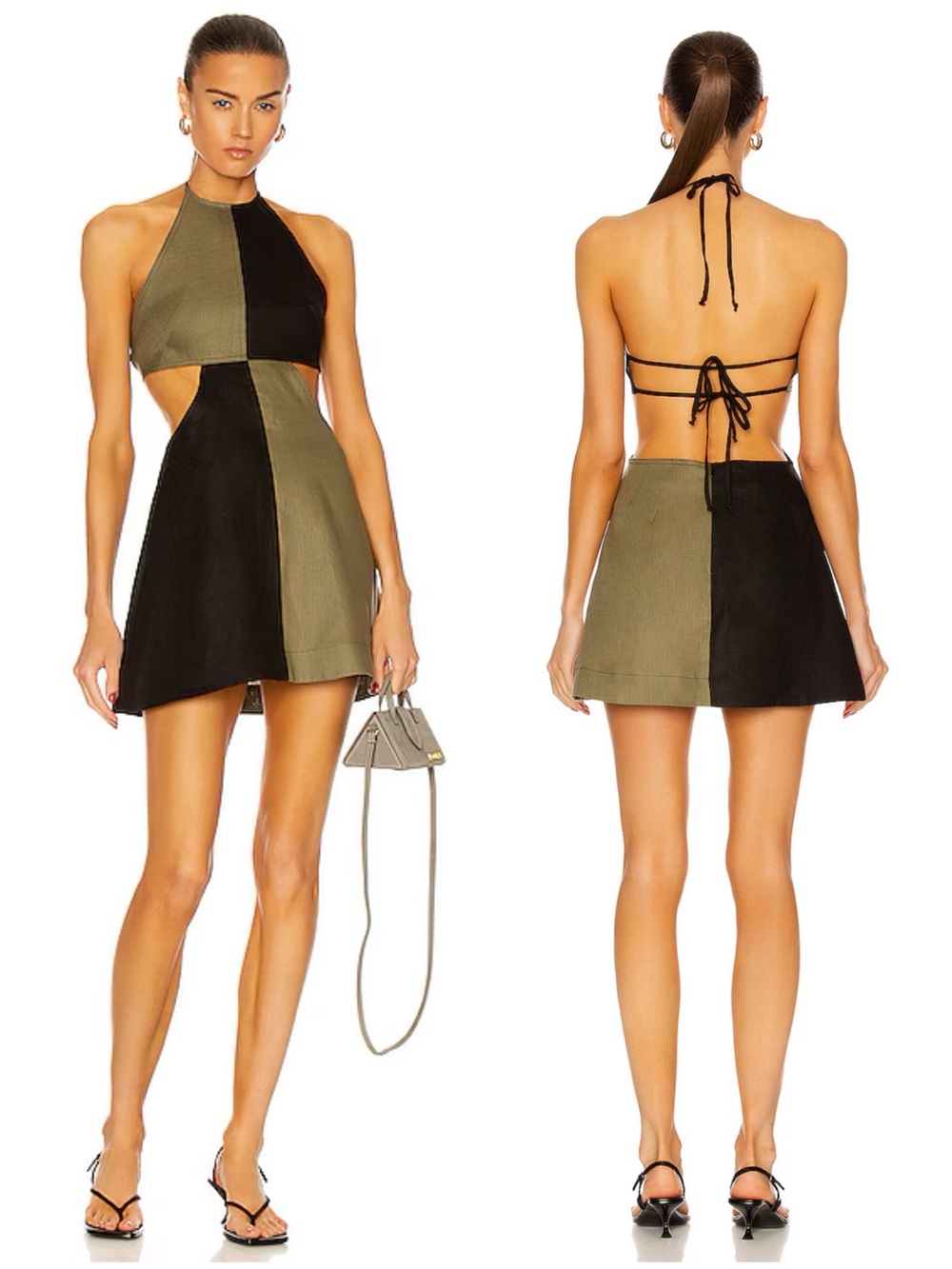 Matthew Bruch Colorblock Tie Halter Mini Dress Army Black Linen Size 3 Medium